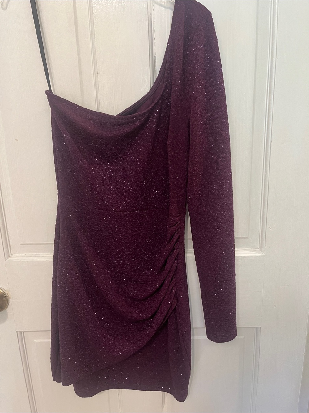 Windsor One-Shoulder Sparkle Mini Dress in Plum
